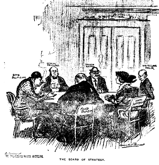 This cartoon from the "Daily Suffrage News" (September 26, 1914 ) depicts a female anti-suffragette sitting around a table with villainous figures such as the Food Doper, Special Privilege, Gang Politician, Saloon Keeper and the White Slave Dealer. The caption reads 'the Board of Strategy.' This cartoon showcases the social housekeeping agenda of some suffragists; by supporting suffrage, they argued, citizens also supported cleaning up corruption and vice. Click for a larger image!