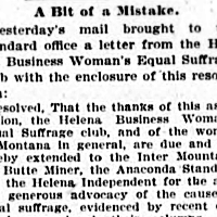 "A Bit of a Mistake," clarifies that the newspaper does not explicitly support women's suffrage. The Anaconda Standard, November 20, 1896, p. 6. Click image for full page.