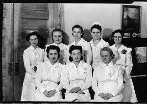 Founded in 1911, the Bozeman Deaconess Hospital trained generations of nurses. Pictured here, ca. 1942, are (back row, left to right) Ruth Alexander, Esther Swingle, unknown, Mrs. Kelleson, Lucille Vaughn and (Front row, left to right) Mary Liggett, Miss Koger, Orpha Kendall. Montana State University Library, Bozeman, Collection 551 - Bozeman Deaconess Hospital Records, 1911-1968