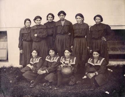 Jessie Tarbox took this picture of the Fort Shaw girls’ basketball team in 1904 on their visit to St. Louis. Standing, from left: Rose LaRose, Flora Lucero, Katie Snell, Minnie Burton, Genevieve Healy, Sarah Mitchell. Seated, from left: Emma Sansaver, Genie Butch, Belle Johnson, Nettie Worth.