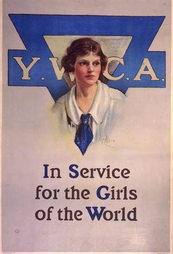 Poster of a young woman, framed by the YWCA triangle. The text reads YWCA: In Service for the Girls of the World