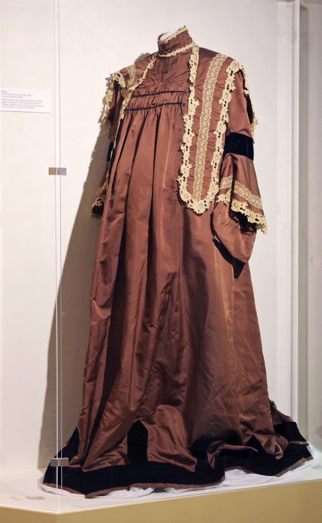 Brown cotton sateen with cotton lace trim maternity dress, worn in Wibaux, Montana, 1905.
