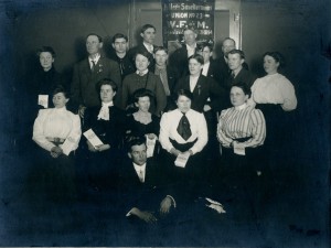 Formal portrait of eight women (members of the WPU) and nine men (reperesenting the Silver Bow Trades Union Council), circa 1900.