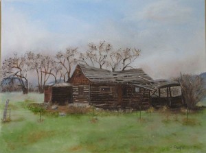 Oil painting of Birdie Brown's log cabin
