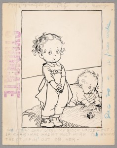 Cartoon shows a girl standing next to a baby knocking down ABC blocks. 