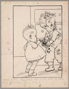 A boy covered with jam looks guiltily over his shoulder while handing a toddler a jar with a spoon in it. Writing surrounds the drawing. On top: Sonnysayings by F.Y. Cooney. On left: a faint purple "SYNDICATE". At bottom: The caption. At right in red pencil: Release Sept 24. 12 picas wide.