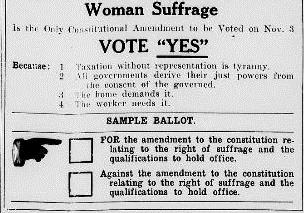 The Suffrage Daily News published this advertisement on November 2, 1914, the day before the election. Its arguments in favor of women's suffrage included "taxation without representation is tyranny," "the home demands it," and "the worker needs it."