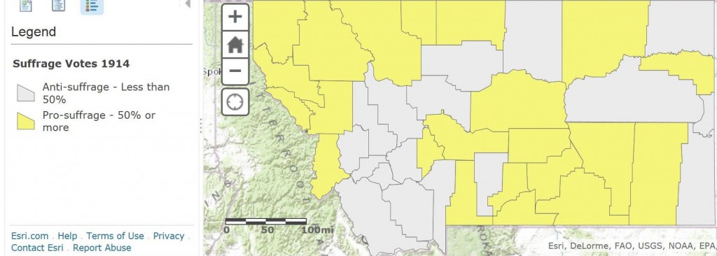 This map shows which Montana counties supported--and opposed--women's suffrage during the 1914 vote. Click on the image to view an interactive map that shows county level details (including actual vote tallies) when viewers click on a specific county. (Note that this map shows the counties as they existed in 1914. New counties were formed after 1914.) Map courtesy Montana Census and Economic Information Center.