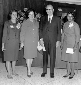 Jacobs tireless effort to better her community through her library work culminated in the construction of a new, state of the art facility for the Great Falls Public Library. Here, Jacobs poses with other dignataries at the building's dedication in 1967. MHS Photo Archives PAc 2002-3 Box 1