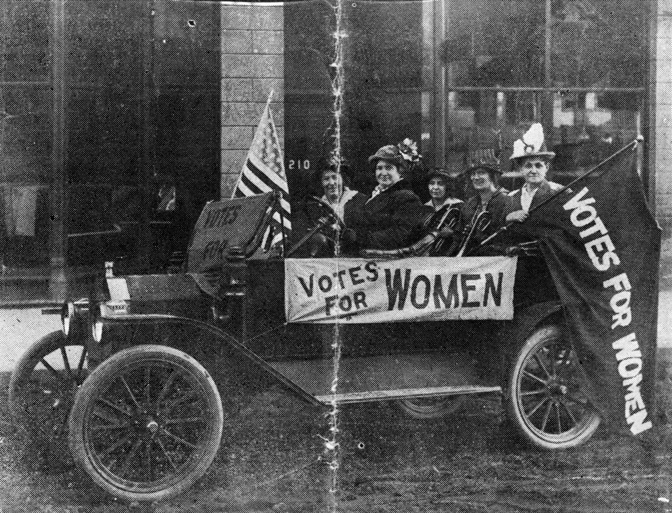 The Suffrage Daily News, the short-lived paper in which this photo ran on November 2, 1914,, identified these suffrage campaigners only by their husband's names. while noting that the women had campaigned for the vote in four different Montana counties. Left to Right: Mrs. R.F. Foote, Mrs. J.B. Ellis, chairman, Silver Bow County,