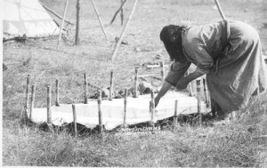 Pretty Shield, shown here fleshing a buffalo hide, worked hard to pass down traditional Crow skills to her granddaughter Alma. 