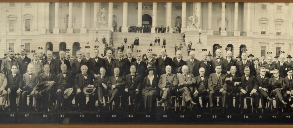 The photographer placed Montana representative Jeannette Rankin squarely in the center of this group portrait of the sixty-fifth U.S. Congress in front of the U.S. Capitol, Washington, D.C., c. 1917. Shown here is only a detail. Click on the image for the entire panorama. 