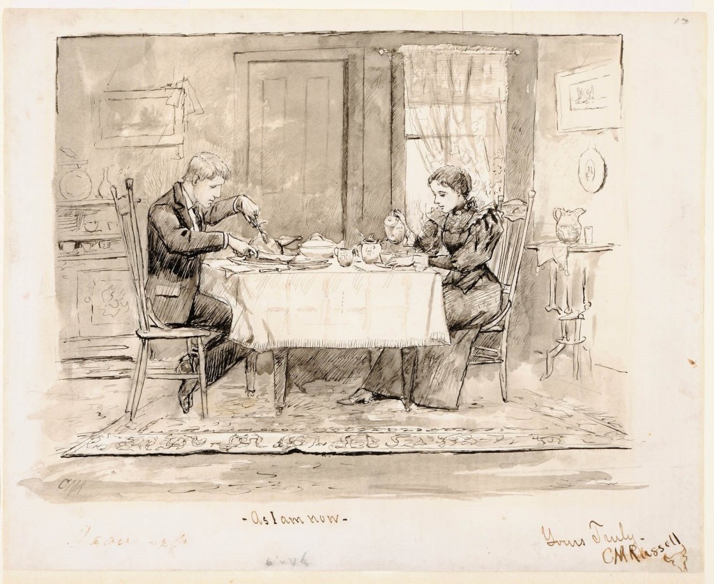 Charles M. Russell, "As I Am Now," Shows Charlie and Nancy dining at a properly set table.
