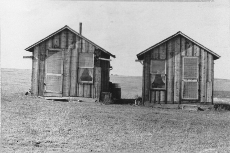 Two homestead shacks, side by side--each built on the property line.