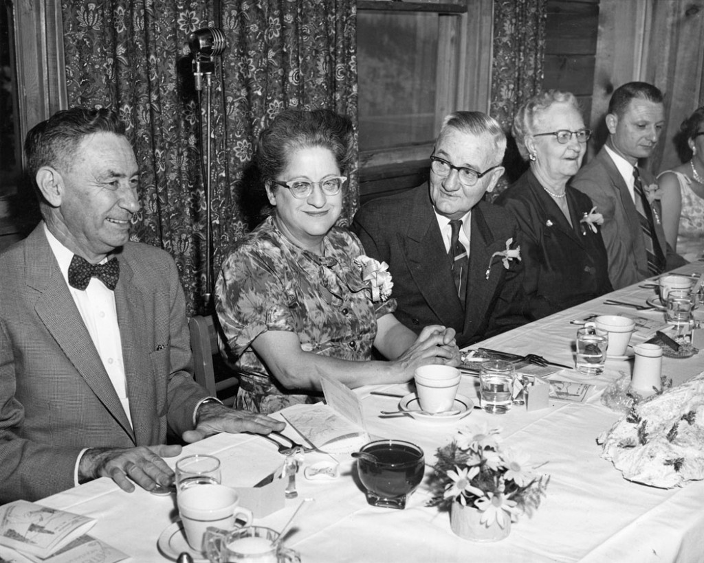 Dorothy Johnson, circa 1953, second from left, at the Big Mountain Ski Resort in Whitefish, attending the Montana Library Association banquet.
