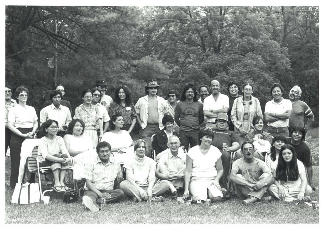Minnie Two Shoes (third from right, standing) is pictured with other founding members of the Native American Press Association (changed to NAJA in 1990) at Penn State in 1984. 
