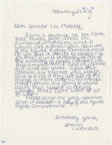 Handwritten letter from Sharon Luckenbill to Senator Lee Metcalf, dated February 27, 1975, opposing the ERA.