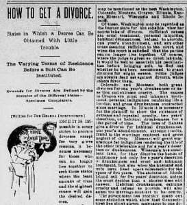 Newspaper clipping. Headline reads "How to Get a Divorce. States in Which a Decree Can Be Obtained with Little Trouble." Includes clip art of a man holding a crying baby in front of a sign reading "Home Sweet Home."