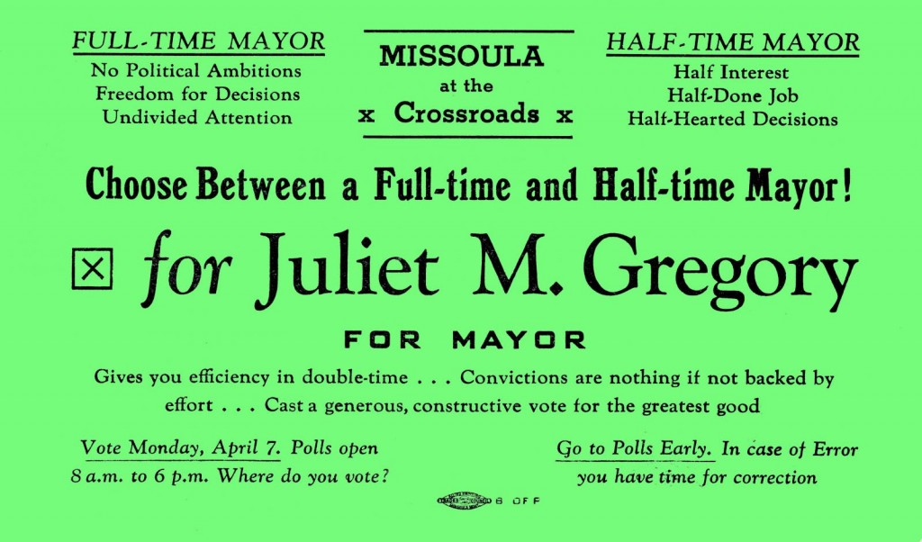 Campaign flier for Juliet Gregory headed "Missoula at the Crossroads".