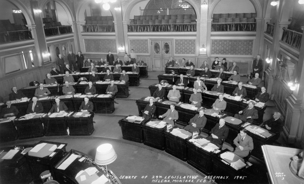 It's hard to spot State Senator Ellenore Bridenstine (third row back, on the right) amidst her mail colleagues. When this photo was taken, in 1945, Bridenstine was the first woman to serve in the Montana state senate. MHS Photo Archives PAc 89-59 Senate of the 29th Legislative Assembly