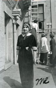 Wearing the same costume she wore when she addressed the Wisconsin legislature on women’s suffrage, Belle Fligelman poses in front of Belle Chabourne Hall at the University of Wisconsin. MHS Photo Archives PAc 85-31 
