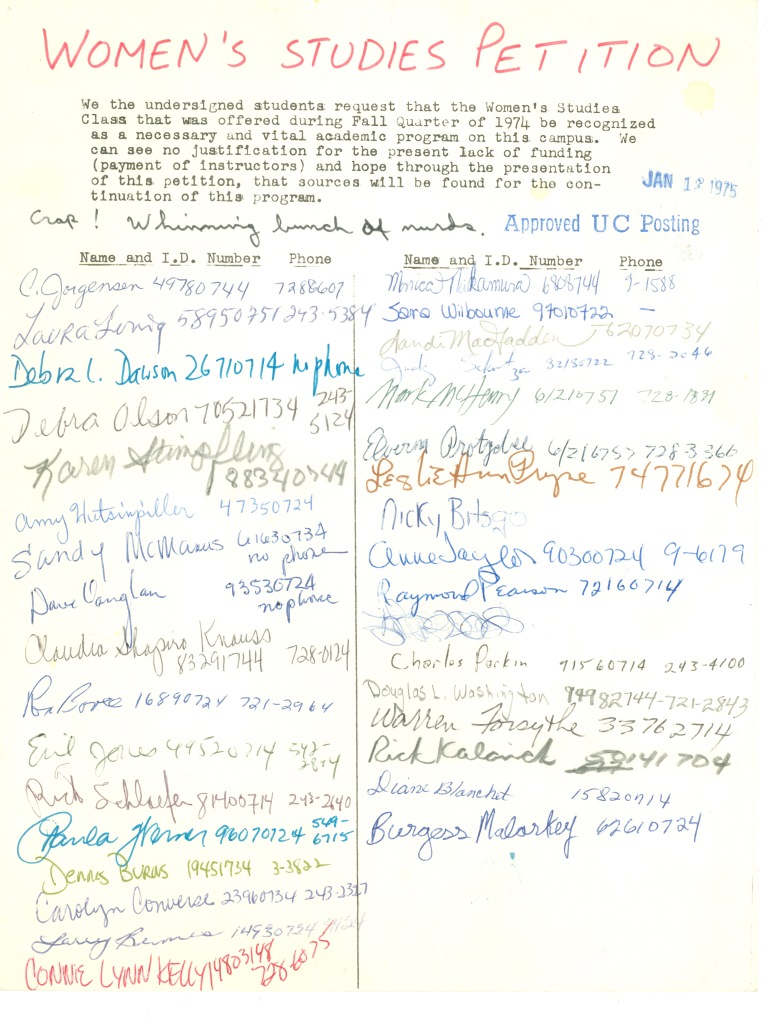Women's Studies Petition. It reads: We the undersigned students request that the Women's Studies Class that was offered during Fall Quarter of 1974 be recognized as a necessary and vital academic program on this campus. We can see no justification for th epresent lack of funding (payment of instructors) and hope through the presentation of this petition, that sources will be found for the continuation of this program." Below that, someone wrote in black ink "Crap! Whinning (sic) bunch of [illegible--possibly nurds] Beneath that are signatures of students with ID Numbers and phone numbers