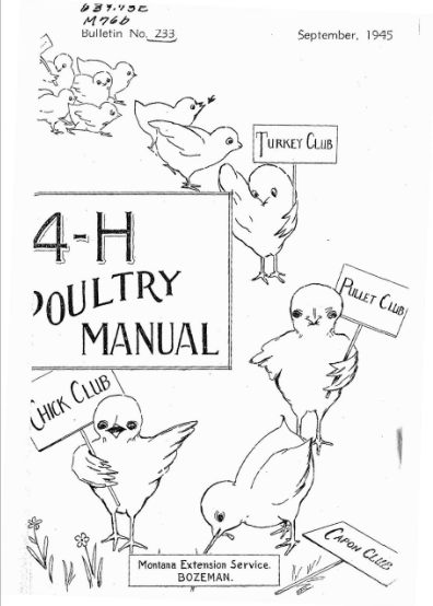 Cover of the 4-H Poultry Manual, illustrated with chicks holding signs "Turkey Club," "Pullet Club," "Chick Club" and "Capon Club"