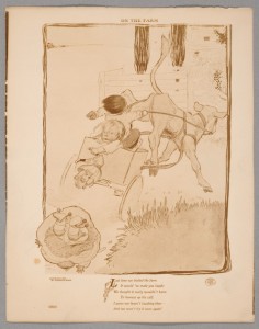 Drawing shows a toddler tumbling out of a two-wheeled wagon. A girl is hanging onto her doll looking at the toddler falling. A boy is holding the reins, which are attached to the bucking calf.